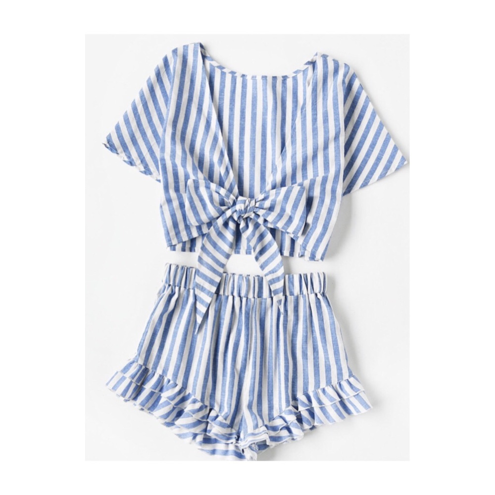 Plunging Bow Tie Two Way Top And Ruffle Shorts Set
